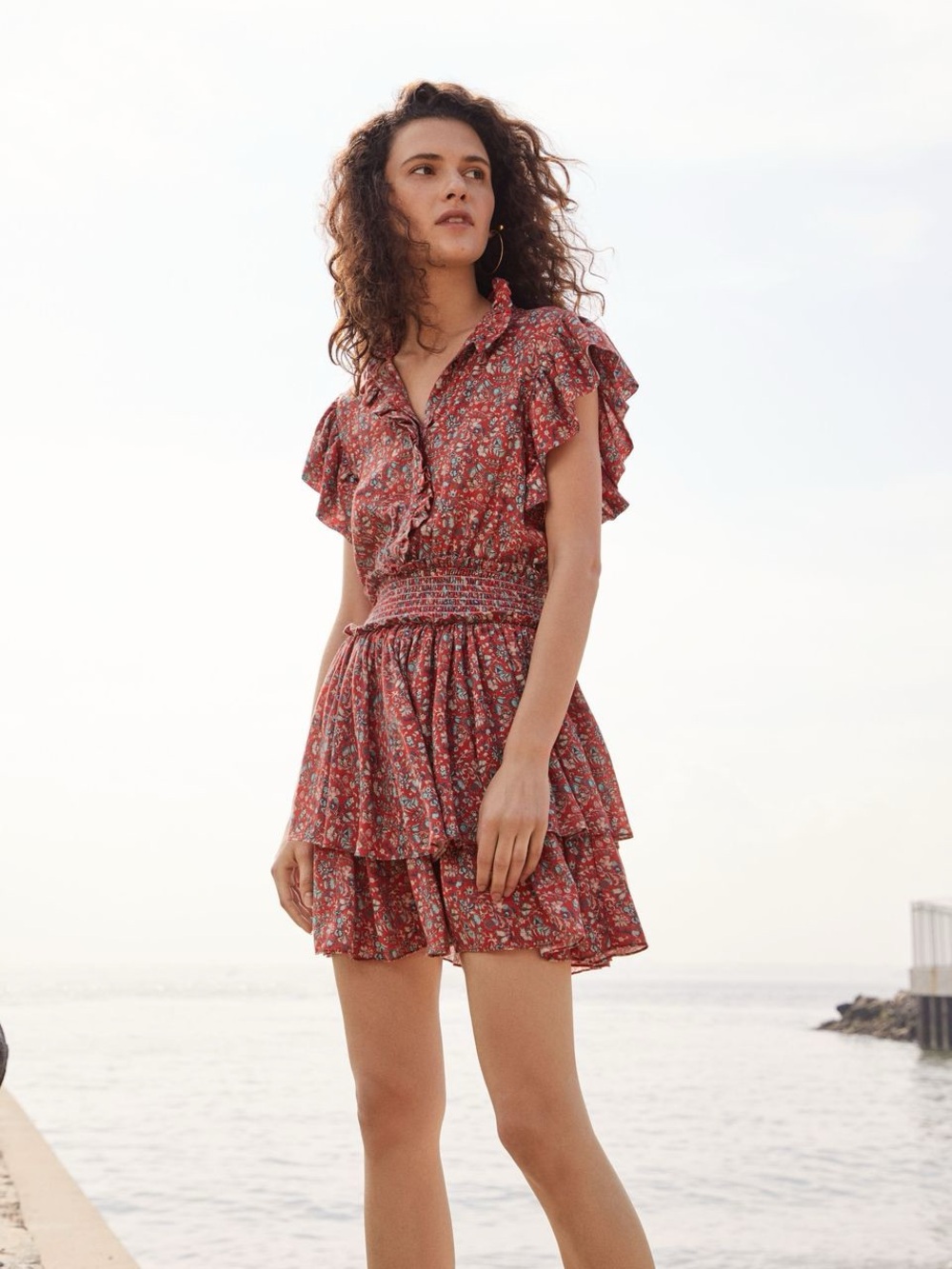 La Vie Rebecca Taylor Rust Floral Ruffle Tiered Mini Dress (L)